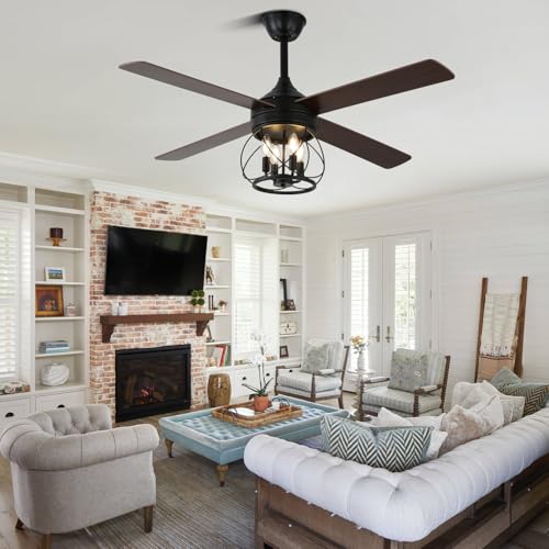 Image of 52 inch Farmhouse Rustic Caged Chandelier Fan with Light