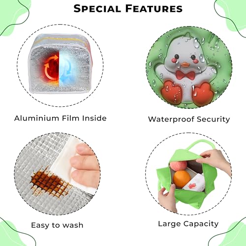 Image of Kraptick Compact & Stylish Design Printed Tiffin Bag for Children Insulated Lunch Bag for Kids Perfect Leakproof Keeps Hot and Cold Lunch Bag for School (Green White Duck)