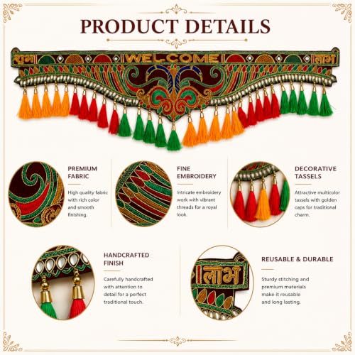 Image of ONESTA Welcome Shubh Labh Door Toran for Main Door | Traditional Handmade Decorative Bandarwal with Colorful Tassels & Embroidery | Door Hanging for Diwali Navratri Wedding Housewarming & Pooja Decor 3 Feet (Size 36 Inch Pack 01)