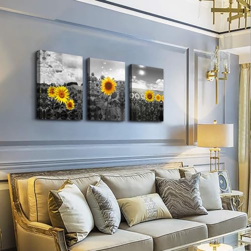 DZRWUBHS Canvas Wall Art - Large Wall Decor For Living Room, Bedroom, Kitchen, Bathroom - Black And White Sunflower Flowers Wall Painting - 3 Panel