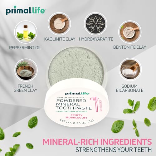 Image of Primal Life Organics - Dirty Mouth Toothpowder, Tooth Cleaning Powder, Flavored Essential Oils with Natural Kaolin & Bentonite Clay, Good for 60+ Brushings, Organic, Vegan (Sweet Bubblegum, 0.25 oz)