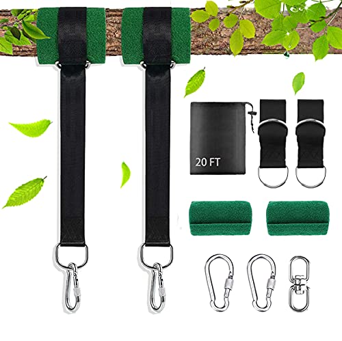AIWEILUCK Tree Swing Straps 20 FT Extra Long with Tree Protector Sleeves, 2 Pack, Holds up to 5000 pounds, Heavy Duty, Stainless Steel Carabiners with Safety Lock, Great for Hammock, and Swing