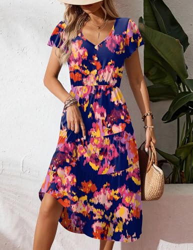 Image of Zeagoo Women Dresses Summer Flutter Sleeve Sleeve V-Neck Button Front Beach Sundress