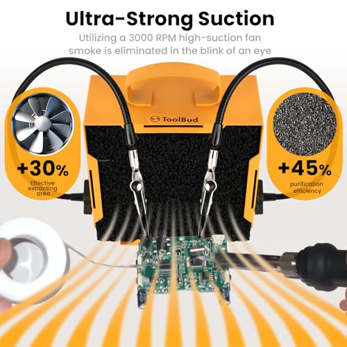Image of Upgraded ToolBud Solder Fume Extractor with Removable Magnetic Flaps | Portable, High-Efficiency Solder Smoke Absorber for Soldering, DIY, & Art | Compact Design for Clean Air (With Helping Hand)
