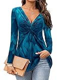 Bulotus Womens Tops Dressy Casual Fall 2022, Long Sleeve Trendy Tunic Shirts Ladies V Neck Wrap Tops Elegant Casual Work Blouses for Women Business Casual Outfit Empire Waist, Peacock, L