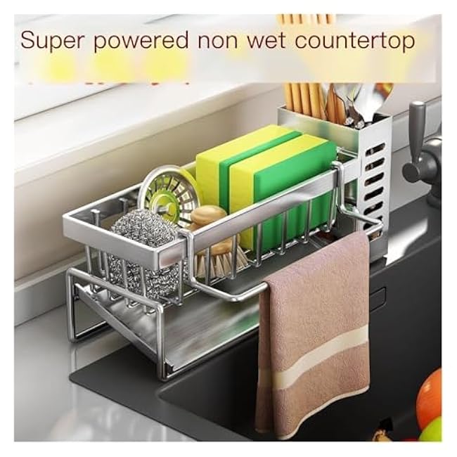 Kitchen Sink Drying Rack with Detachable Towel Holder, Self-Draining Tray, and Utensil Organizer, Rust-Resistant Carbon Steel for Sponge, Soap, and Dish Storage (Fits Most Kitchen & Bathroom Sinks)