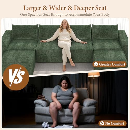 Image of Vesgantti 145.6 inch Modular Boneless Couch, Modern U Shaped 6 Seater Sectional Sofa with 2 Ottoman & Deep Seat, Convertible Chenille Cloud Couches for Living Room, No Assembly Required, Green