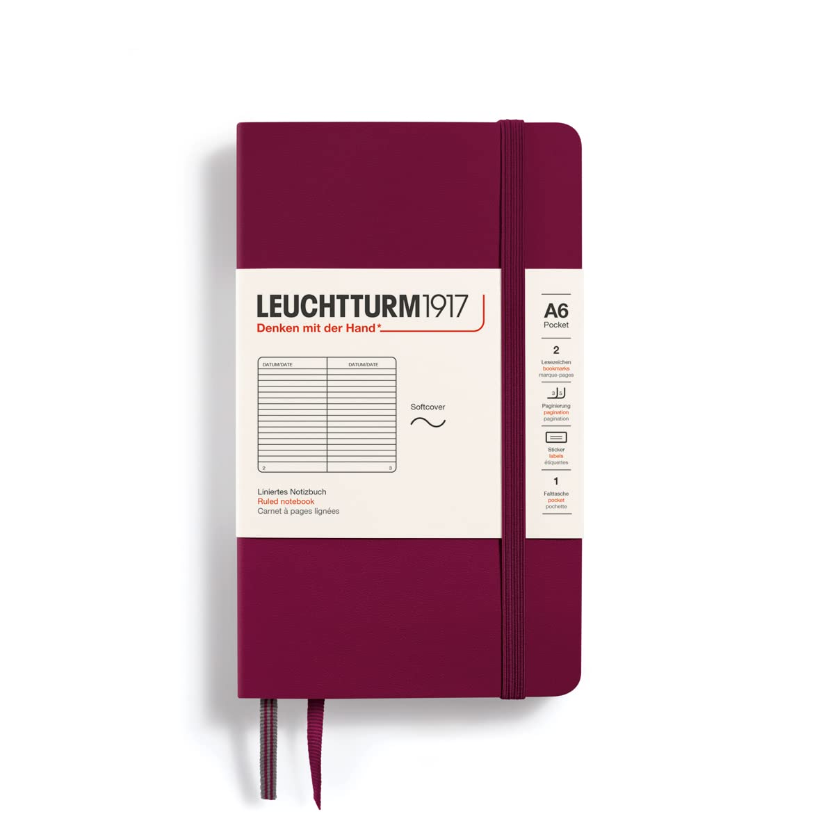 LEUCHTTURM1917 362842 Pocket Notebook (A6), Softcover, 123 Numbered Pages, Port, Ruled