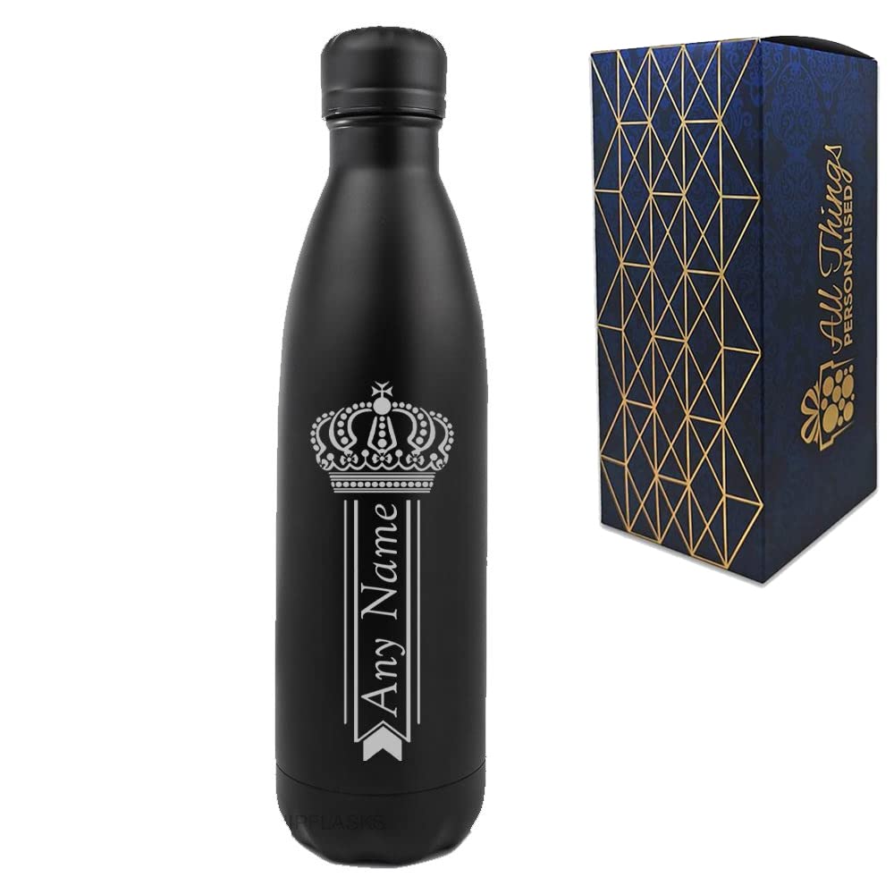 Personalised Engraved Black 500ml Thermal Bottle, Personalise with Any Name with Crown Design