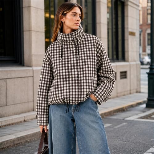 Womens Zip Up Jacket Funnel Neck Gingham Pullover Cropped Jacket - image 6