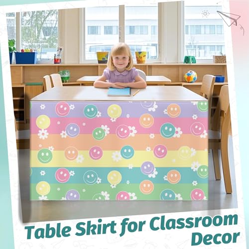 Image of 9FT Pastel Smiley Face Table Skirt Daisy Teacher Desk Skirt for Colorful Classroom Decor Rectangle Table Cloth Rainbow Tablecover for Back to School Party Decorations Home Office Bookcase Cabinet