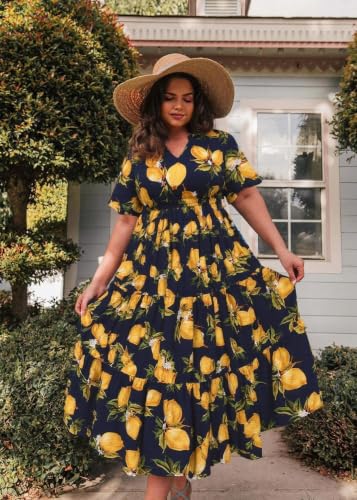 Image of TIYOMI Women Plus Size Dress Boho V Neck Short Sleeve Beach Maxi Dresses Floral /Stripe /Leaves /Lemon XL-5XL