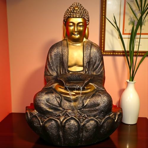 Image of 3 Feet Kamal Buddha Water Fountain for Home & Garden|Fiber Buddha Fountain with LED Light|Indoor Outdoor Fountain for Vastu & Positivity (Golden, 3 Feet Kamal Buddha Fountain)