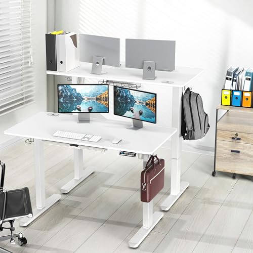 Image of SHW 48-Inch Electric Height Adjustable Standing Desk with Drawer, Memory Preset and Cable Management Tray, White