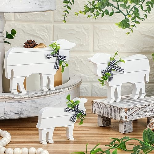 Farmhouse Cow Table Decor, 3 Pcs Wooden Cow Figurines for Christmas, Rustic