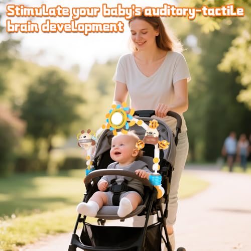 Image of Baby Activity Stroller Arch Toys,Car Seat Toys for Adjustable Bouncer Arch Crib Bassinet Hanging Toys Mobile Clip on Stroller Developing Motor Infants Toddlers Skills with Rattle,Mirror,Teether Gift