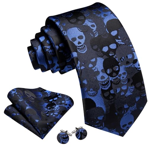 Image of Barry.Wang Man Tie Sets Skull Ties Animal Extra Long Necktie Silk Woven Handkerchief Cufflinks Festival Party Gift