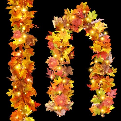 2Pcs Fall Garland With Light, Fall Leaves Decor Garland Lights 40 Led Artificial Fall Leaves Autumn Garland Halloween Decorations Indoor Outdoor Fall Decor For Thanksgiving Autumn Harvest Party