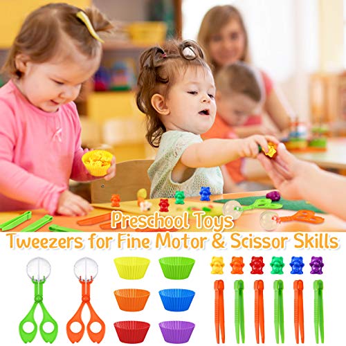 74 Pieces Counting Sorting Bears Sensory Bin Tools Fine Motor Skills Handy Scoopers Set Includes 60 Cute Rainbow Sorting Bears, 6 Jumbo Tweezers, 2 Scissors Clips and 6 Colorful Cups - Image 6
