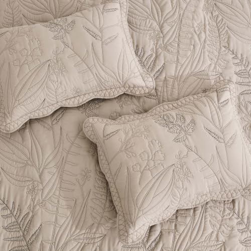 Image of Bedspread oversized Full 96x110,Beautiful Leaf Stitching,5 PC,Taupe