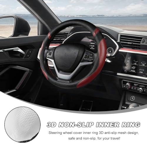 Image of Car Steering Wheel Cover, 15 Inch Premium Leather Breathable Non-Slip Wheels Wrap, Universal Auto Comfortable Steering Wheel Protector for SUV Truck Van, Car Accessories (Wine Red)