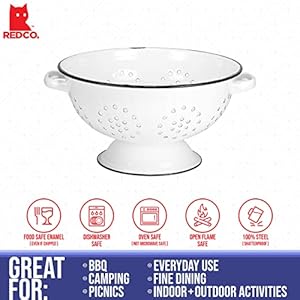 Redcoenamelwaremetalclassic105inchroundfoodstrainercolanderwithtwohandlesdistressedwhiteblackrim Urban Country Home Decor Red co enamelware metal classic 105 inch round food strainer colander with two handles distressed whiteblack rim urban country home decor