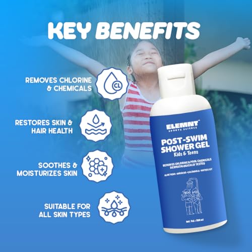 Image of Elemnt Post Swim Shower Gel for Kids & Teens | Chlorine & Odour Cleansing Body Wash | Dermatologically Tested Shower Gel | Vegan | Nourishing After Swimming Body Wash | Removes Chlorine & Soothes sensitive skin | 200 ML