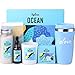 Caja de Regalo, BFFLOVE Cesta de Regalo a Océano con 6 Piezas, Set de Viaje Incluye Sales de Baño, Aceite de Masaje, Vela Perfumada, Jabón y Vaso Aislante