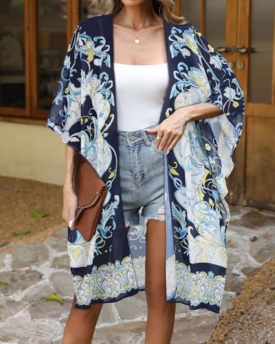 Image of Women's Kimono Swimsuit Coverups Summer Beach Loose Cardigans for Swimwear | CHICGAL Casual Open Front Chiffon Cover Up, 3 /4 Sleeve Lightweight Vacations Outfits 2026, Long Summer Resort Wear