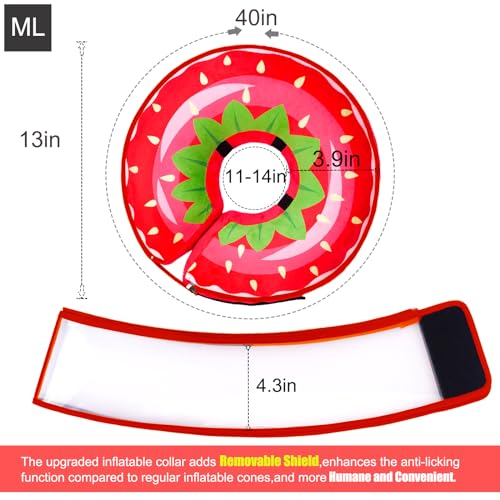 Image of Inflatable Dog Cone Collar for Large Medium Small Dogs, Soft Dog Donut Collar Adjustable Recovery Cone for Pets After Surgery, Extra Enhanced Anti-Licking Guard Shield for Pets (ML, Strawberry)