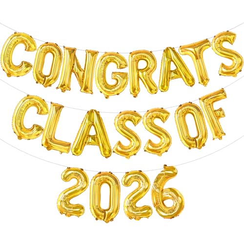 Image of KatchOn, Gold Congrats Class of 2026 Balloons - 16 Inch | Graduation Foil Balloon Banner for Graduation Decorations 2026 | 2026 Graduation Balloons for Graduation Party Decorations