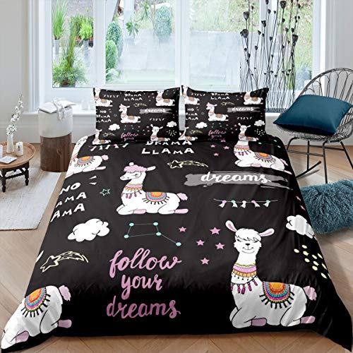 Cute Llama Duvet Cover Cartoon Llama Alpaca Bedding Set Constellation Starry Sky Comforter Cover for Girls Kids Children Room Decor Lovely Animal Theme Bedspread Cover Single Size With 1 Pillow Case