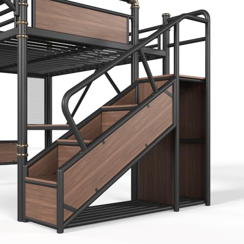 Image of Bellemave Queen loft Bed with Storage Stairs, Wardrobe, Shelves, Metal Queen Loft Bed Frame for Adults, Kids, Teens, Black+Natural Wood with Black Stairs