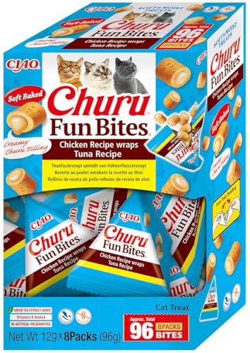 INABA Churu Fun Bites Snack para Gatos, bocados de Pollo con corazón de atún – 8 Paquetes de 12 g – Suave y cremoso – Comida para Gatos sin conservantes ni colorantes Artificiales, sin Granos