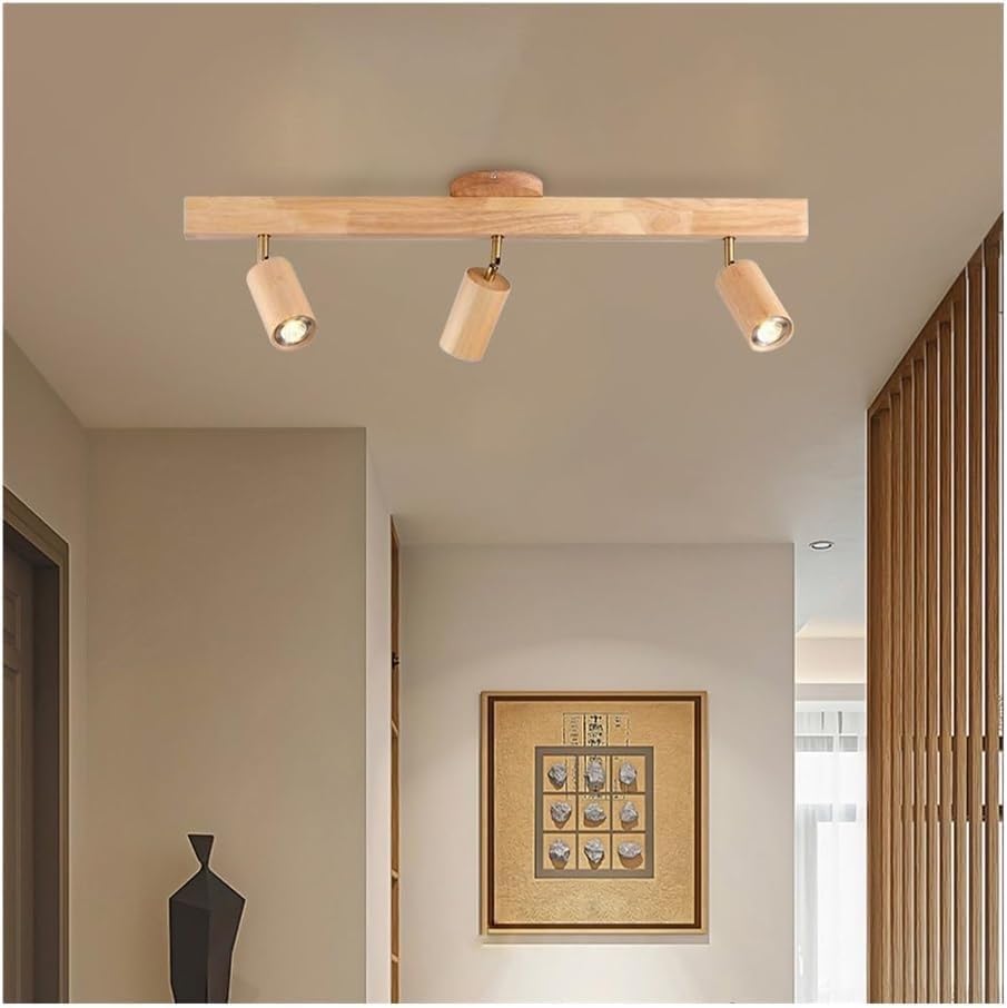 Nordic Wood Ceiling Lights, LED 3-Color Dimming Close to Ceiling Spotlight, Adjustable Track Feature Ceiling Lamp, for Living Room, & Kitchenstairs Porch Lighting Fixture
