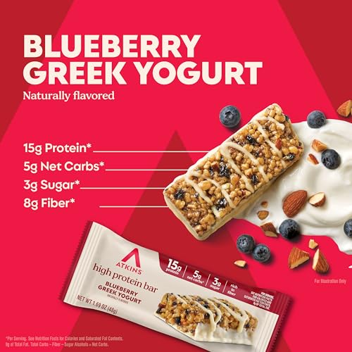 Image of Atkins Blueberry Greek Yogurt Flavor High Protein Bar, 24 Count | 15g Protein, 3g Sugar, 5g Net Carb, Rich in Fiber, 6 Packs of 4 Count Bars, Individually Wrapped 1.69oz Bars