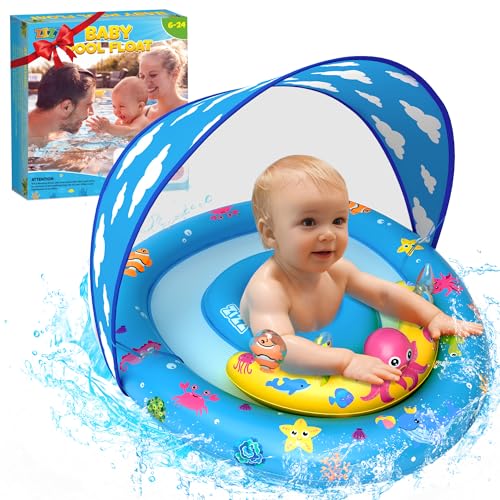 Image of Baby Pool Float with Canopy - Inflatable Baby Swimming Float with UPF50+Sun Protection, Infant Pool Float with Toy Play Console Adjustable Seat for Boys Girls Toddler 6-36 Months