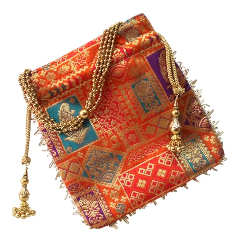 Image of MILAN'S CREATION Potli Banarasi Silk Brocade Bag Purse Drawstring Women's handbag with Pearl Handle & Tassel Weddings