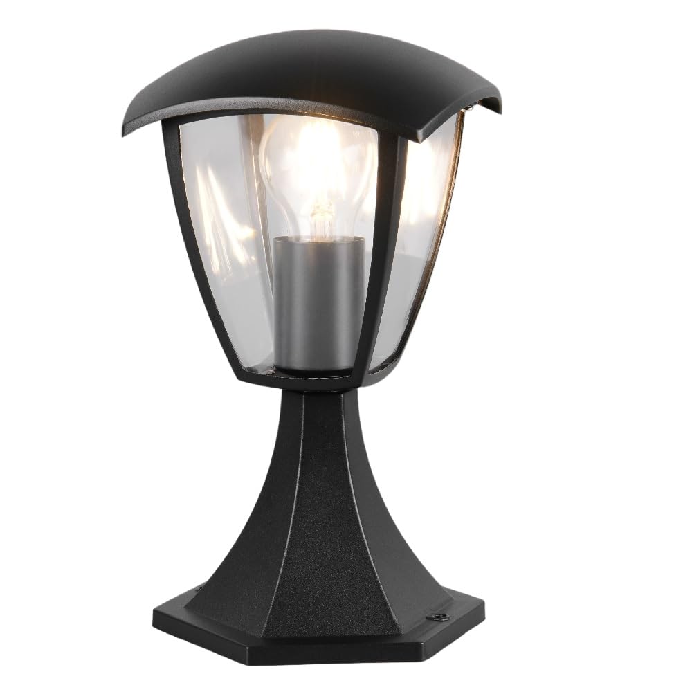 Britalia Black Outdoor Pedestal Post Light, Aluminium, 30Cm X 17Cm, Ip44, E27, Clear Panels