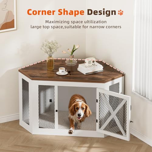 Xilingol Corner Dog Crate Furniture, Wooden Dog Kennel End Table with Mesh, Cage/House for Small Medium Large Dog, Decorative Pet Crate Indoor Use