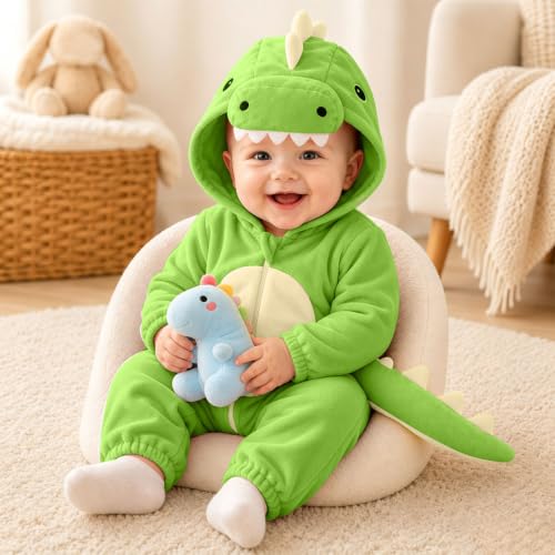 Babys Cartoon Dinosaur Costume Fleece Zip Up Long Sleeve Hooded Romper Cute - image 3