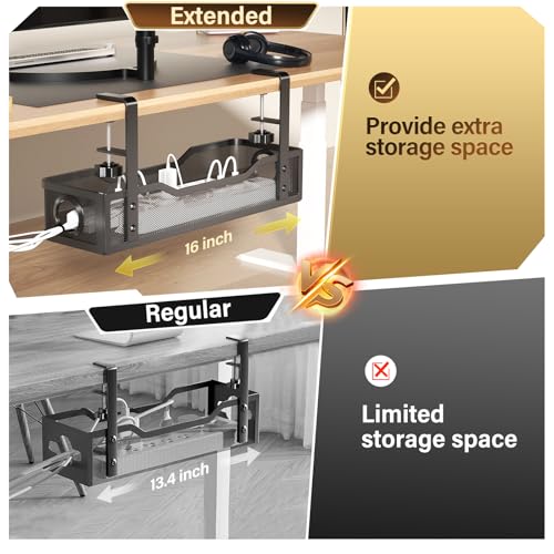 Image of Under Desk Cable Management Large, Cinati 16 inch Cable Management Box for Table Thickness up to 3 inch, Wire Cord Organizer with Clamp No Drill, No Damage to Desk (Black)