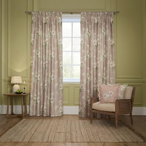 Sanderson Adele Room Darkening Pencil Pleat Curtain Pair – Botanical Floral Peony Lined Chenille Drapes (Rose - 117x137cm)