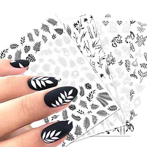 5sheet Nail Stickers Black and White French Leaves Retro Flower Vine Pattern Nail Art Stickers Black lace Decorative Nail Accessories Classic Simple DIY Design