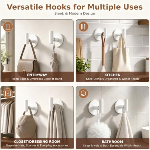 Image of Heavy Duty White Towel Hooks, Stainless Steel Adhesive Coat Hooks for Bags, Towels, Robes, Hats, Aprons - No Drill Bathroom, Kitchen, Hotel Wall Hooks (2 Pack)