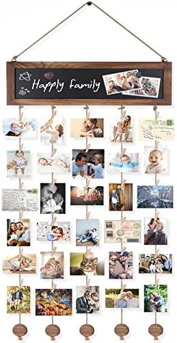 Bikoney Picture Frames Collage Photo Hanging Display Picture Board Wood Rustic Frames for Wall Decor and Dorm Room Decor with Blackboard and 30 Clips Carbonized Black