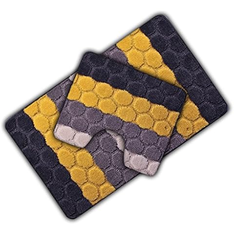 Velosso Non Slip Striped 2 Piece Bath Mat & Pedestal Mat Greek Key Plain Colours (Hex Ochre/Grey) Cover