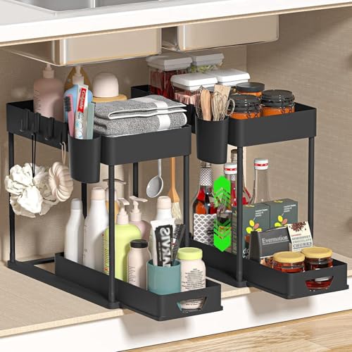 QIYUNI Under Sink Organizers organizers Pull Out Kitchen Pantry Drawers Kitchen Sink CabinetCloset and Storage Multi-Purpose Bathroom Cabinet Black (Black)