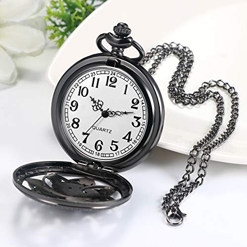 Image of JewelryWe Bronze Flower Pocket Watch: Retro Vintage Pendant Watch with Openwork Cover and 32.3 Inch Chain - for Men Women Daily Wear and Gift Giving
