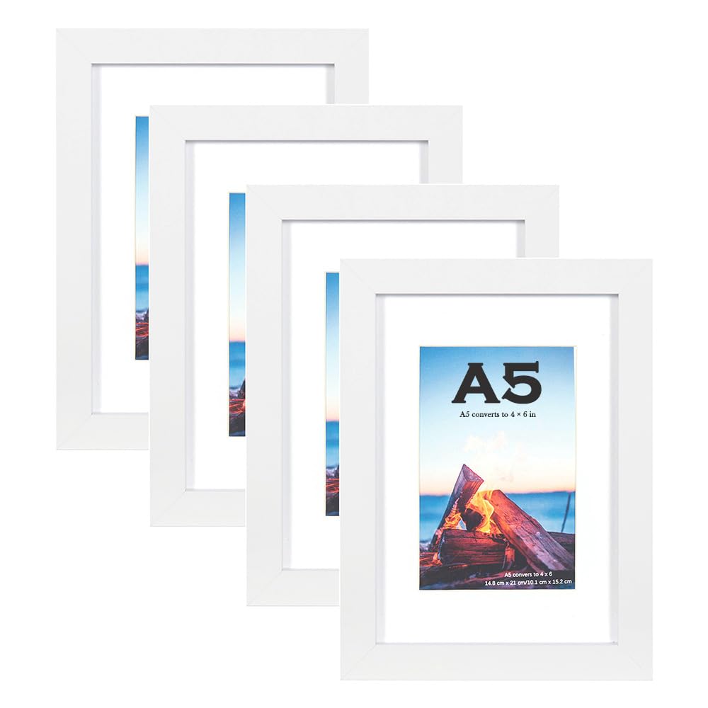 Scholar Tree White A5/21X14.8cm Photo Frames Set of 4, Wooden Picture Frames for Freestanding and Wall Mountable